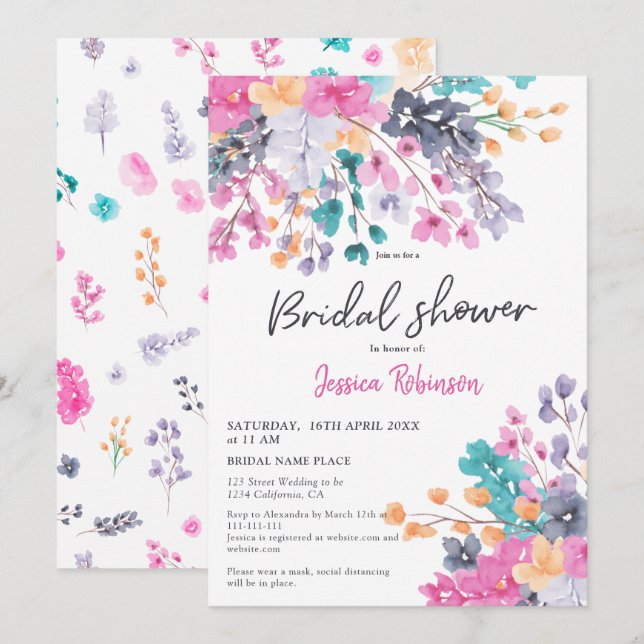 Pretty pressed flowers script chic bridal shower invitation (Front/Back)