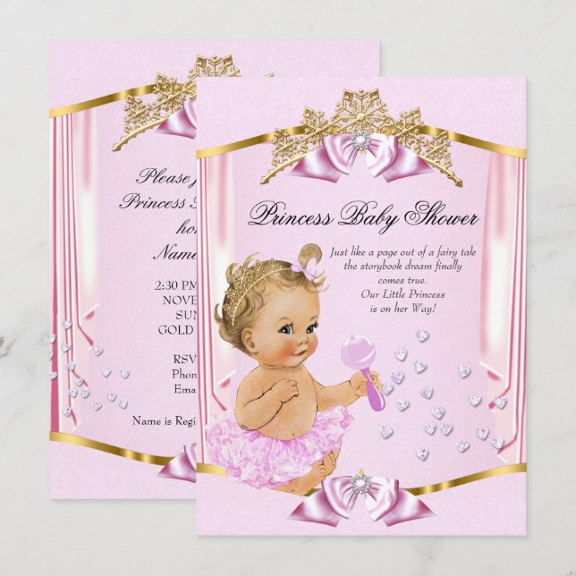 Pretty Princess Baby Shower Pink Gold Blonde Invitation (Front/Back)