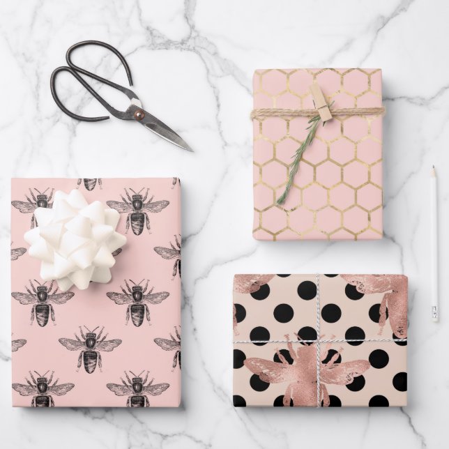 Pretty Princess Bee pink black and gold  Wrapping Paper Sheet (Front)