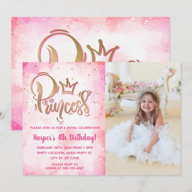 Pretty Princess Birthday Photo Invitation (Front/Back)
