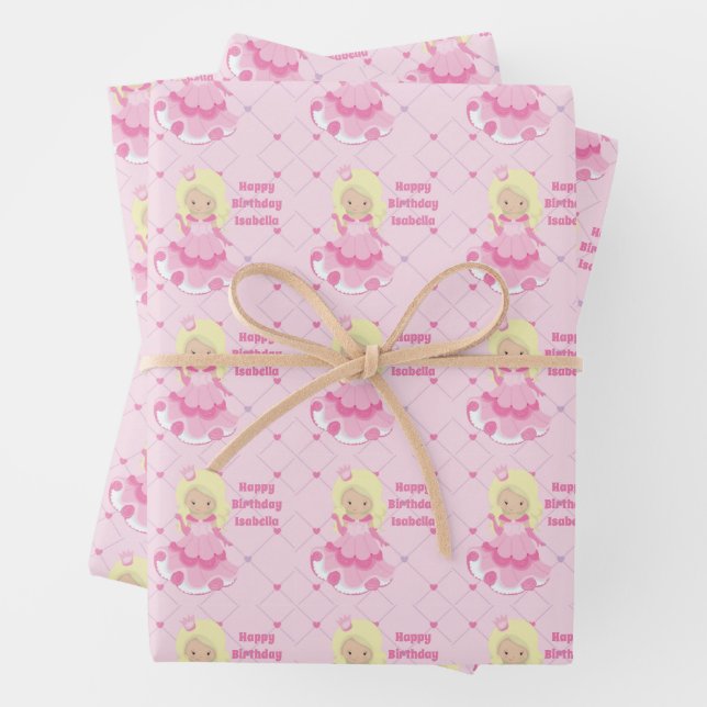 Pretty Princess Birthday Pink Custom Blonde Girls Wrapping Paper Sheet (In situ)