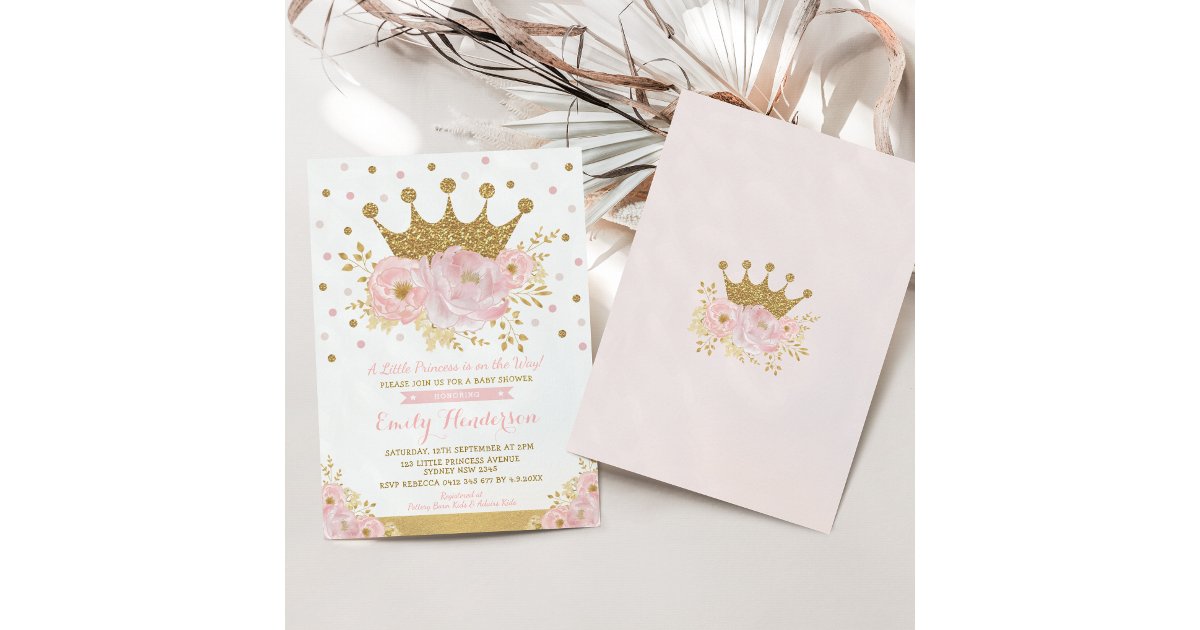 Pretty Princess Gold Crown Pink Floral Baby Shower Invitation | Zazzle