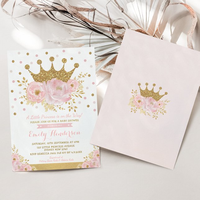 Pretty Princess Gold Crown Pink Floral Baby Shower Invitation (Creator Uploaded)
