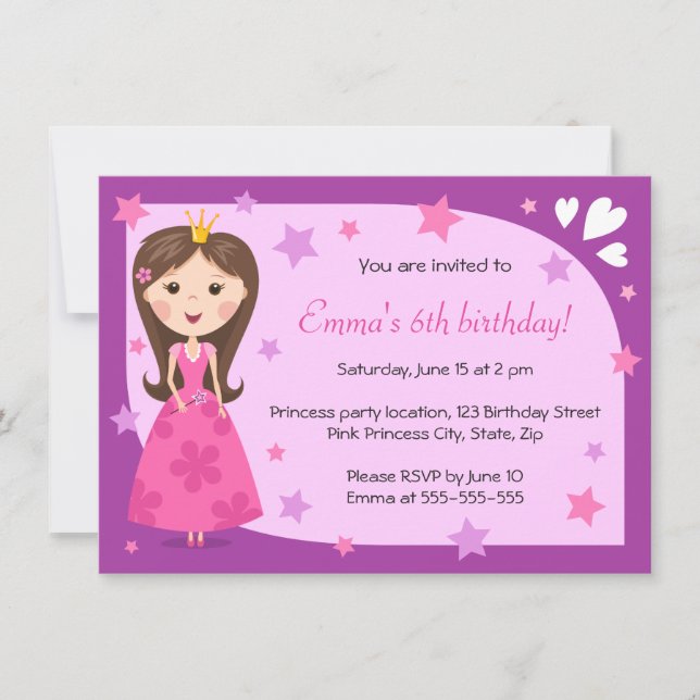 Pretty princess pink purple cute girly birthday invitation (Front)