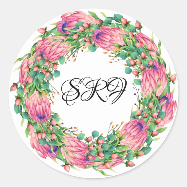 Pretty Protea Wreath Monogram Sticker (Front)
