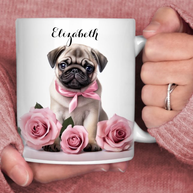 Pretty Pug Puppy Pink Roses Personalised Dog Coffee Mug (Creator Uploaded)