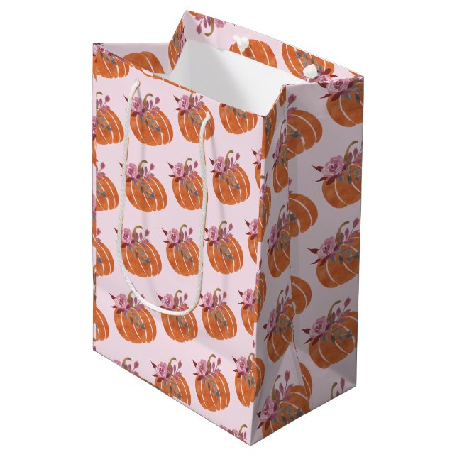Pretty Pumpkin Floral Girly Pink Birthday    Medium Gift Bag (Front Angled)