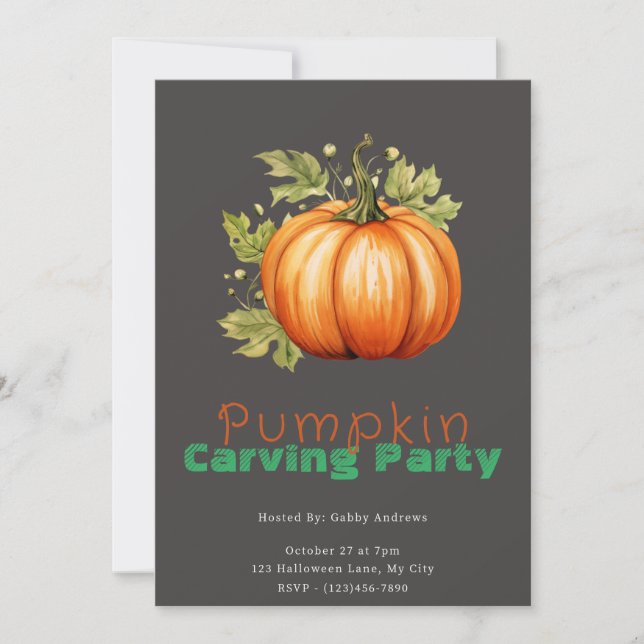 Pretty Pumpkin & Leaves Grey Pumpkin Carving Party Invitation (Front)