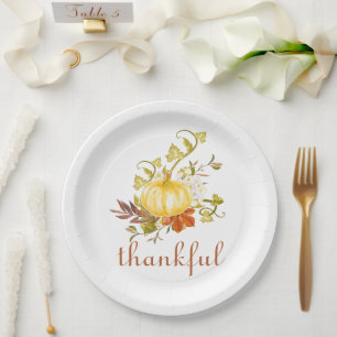 Pretty Pumpkin Thankful Watercolor Thanksgiving Paper Plate