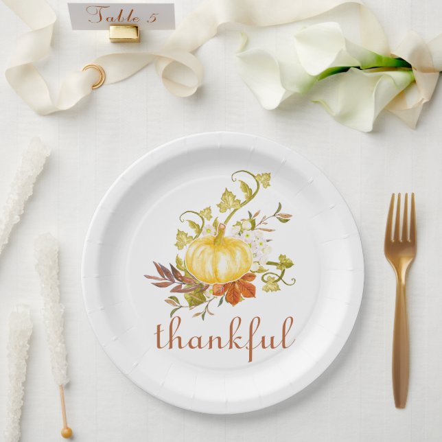 Pretty Pumpkin Thankful Watercolor Thanksgiving Paper Plate (Wedding)