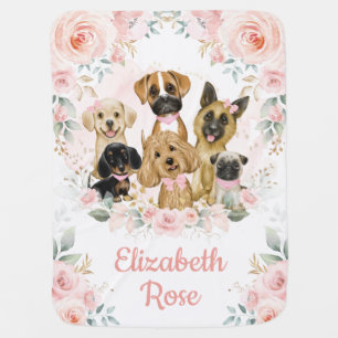 Pretty Puppy Dogs Pink Gold Floral Girl Baby Blanket