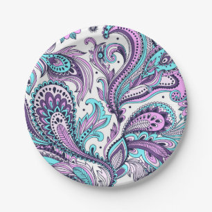 Pretty Purple and Aqua Paisley Pattern Paper Plate