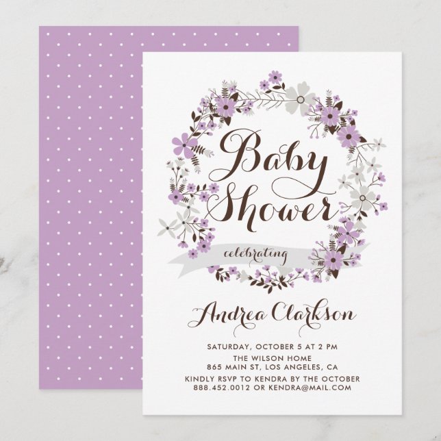 Pretty Purple and Grey Floral Wreath Baby Shower Invitation (Front/Back)