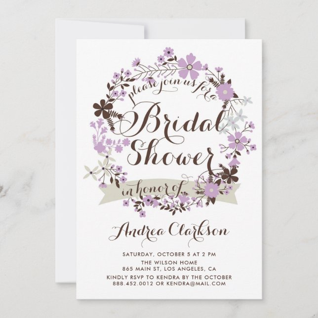 Pretty Purple and Grey Floral Wreath Bridal Shower Invitation (Front)