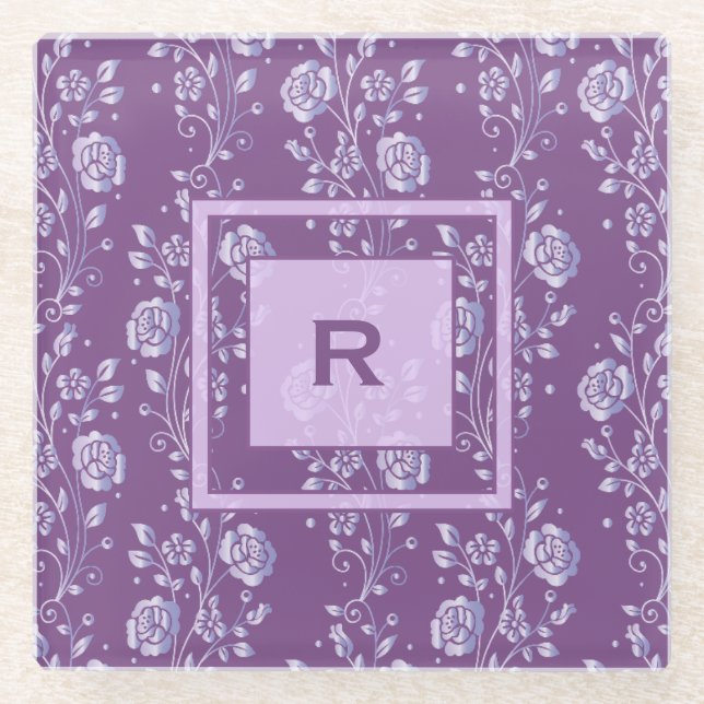 Pretty Purple and Lilac Floral Monogram Glass Coaster (Front)