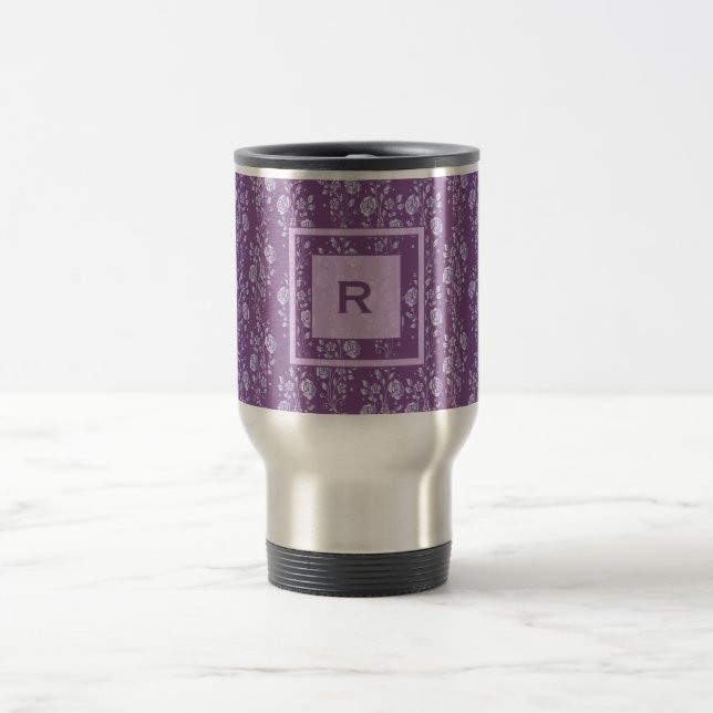 Pretty Purple and Lilac Pretty Floral Monogram Travel Mug (Center)