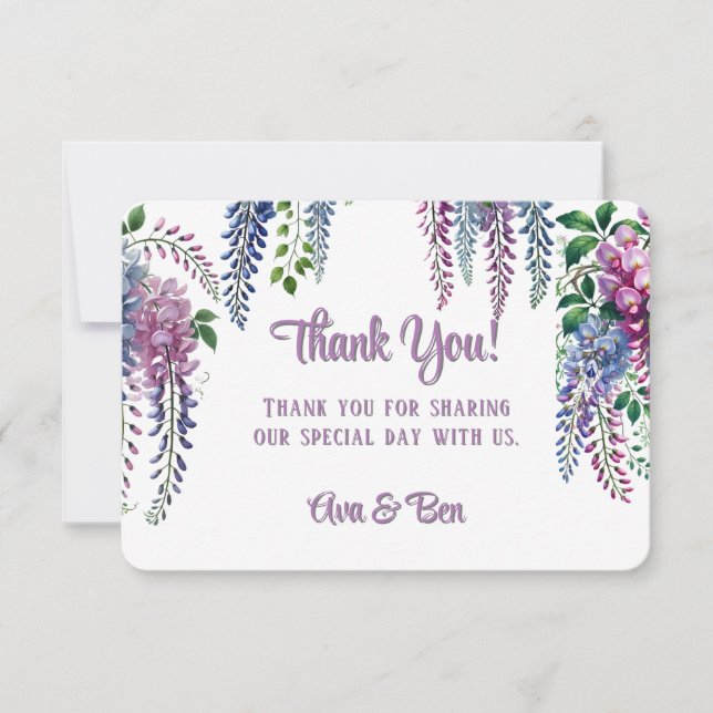 Pretty Purple and Pink Wisteria Wedding Thank You Card (Front)
