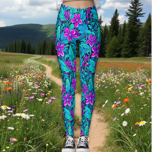 Pretty Purple and Teal Blue Floral Leggings