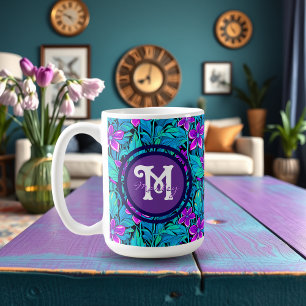 Pretty Purple and Teal Blue Floral Personalised Coffee Mug
