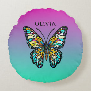 Pretty Purple and Teal Butterfly Personalised Round Cushion
