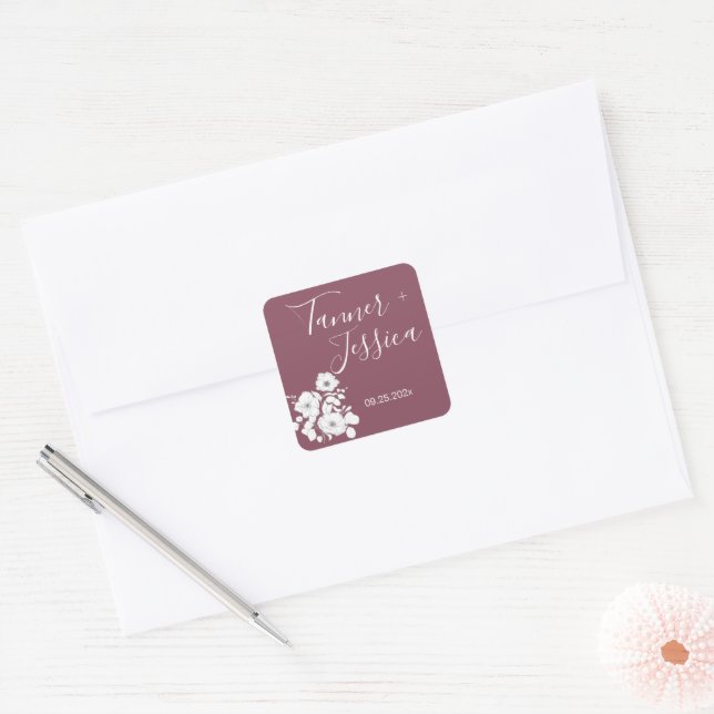 Pretty Purple and White Floral Wedding  Square Sticker (Envelope)
