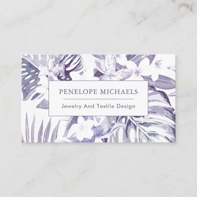 Pretty Purple and White Palm Leaves Business Card (Front)