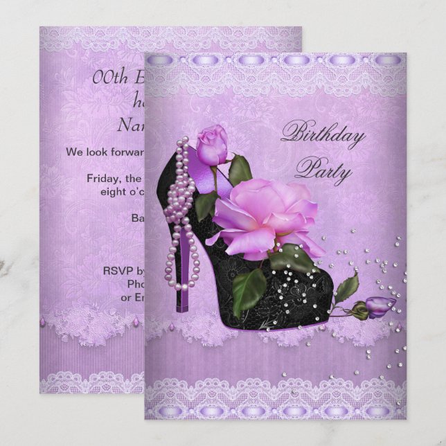 Pretty Purple Birthday Party Rose Hi Heel Lace Invitation (Front/Back)