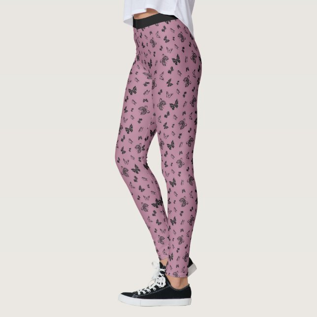 Pretty Purple Black Butterfly Design Pattern Leggings (Left)