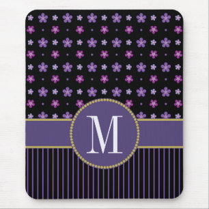 Pretty Purple Black Floral Striped Gold Monogram Mouse Mat