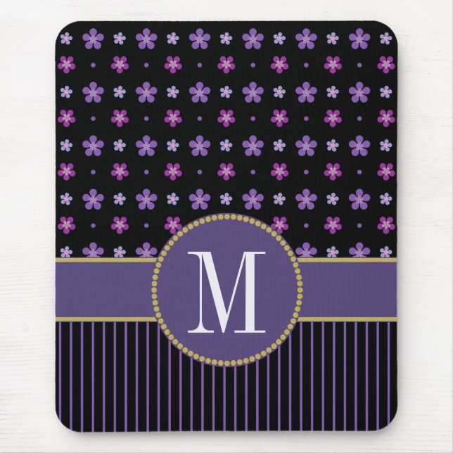 Pretty Purple Black Floral Striped Gold Monogram Mouse Mat (Front)