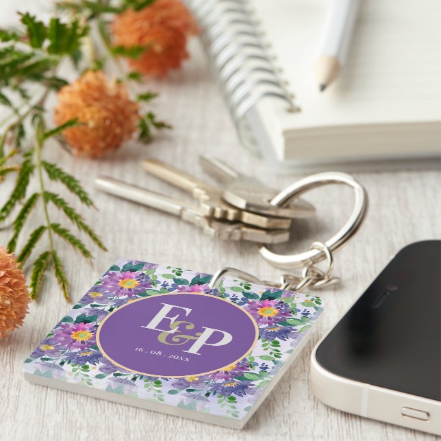 Pretty Purple Blue Florals Monogram Wedding Favour Key Ring (Front Right)