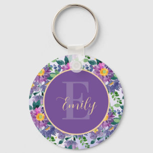 Pretty Purple Blue Florals Name  Monogram  Key Ring