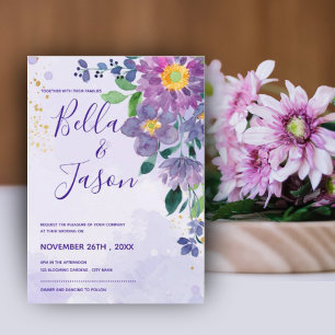 Pretty Purple Blue Watercolor Floral Wedding Invitation