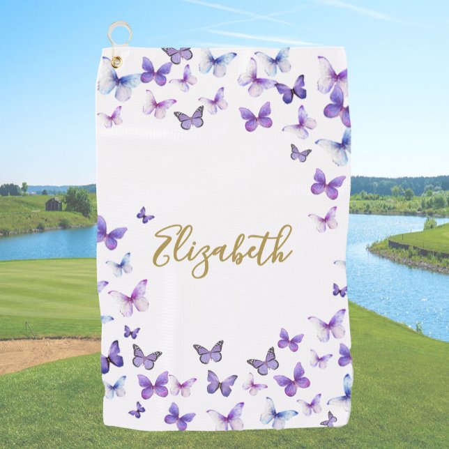 Pretty Purple Butterflies Custom Name Ladies Golf Towel (Creator Uploaded)