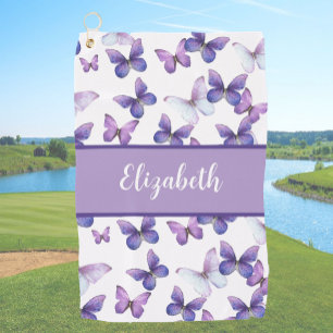 Pretty purple butterflies name gift for golfer golf towel