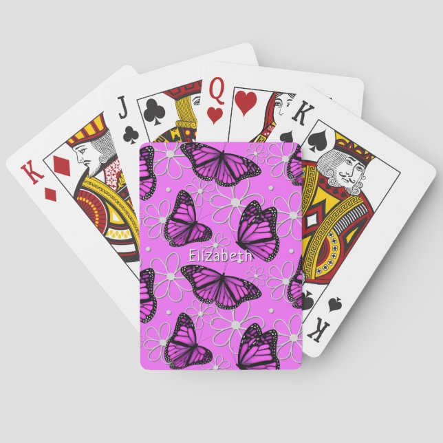 pretty purple butterflies pattern personalised playing cards (Back)