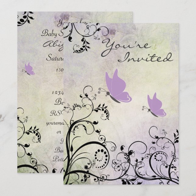 Pretty Purple Butterfly and Vines Baby Shower Invitation (Front/Back)