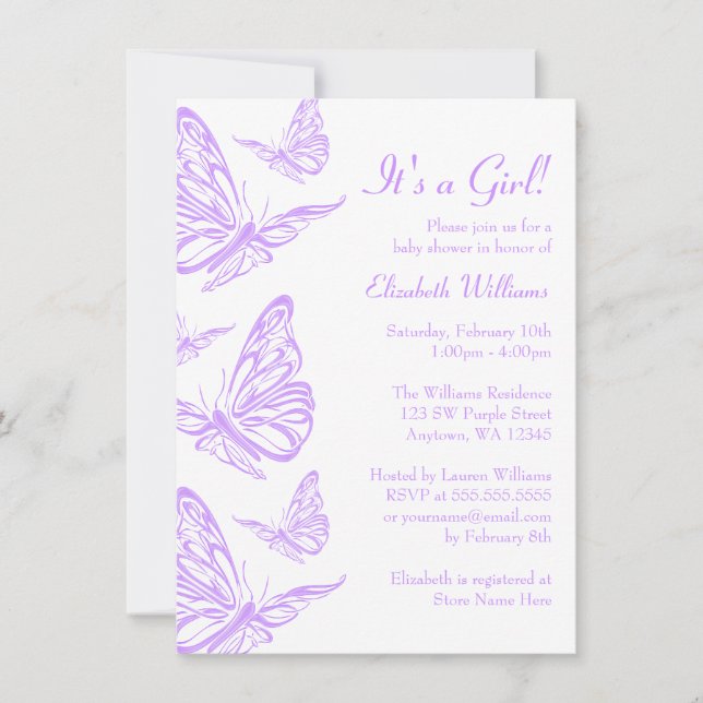 Pretty Purple Butterfly Baby Shower Invitations (Front)