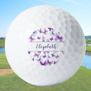 Pretty purple butterfly with custom name ladies  golf balls