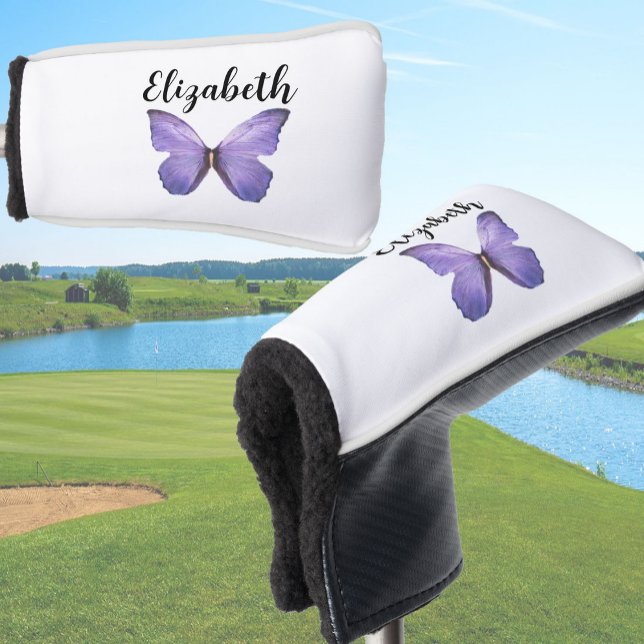 Pretty purple butterfly with custom name ladies golf head cover (Creator Uploaded)