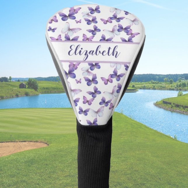 Pretty purple butterfly with custom name ladies golf head cover (Creator Uploaded)