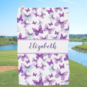 Pretty purple butterfly with custom name ladies  golf towel