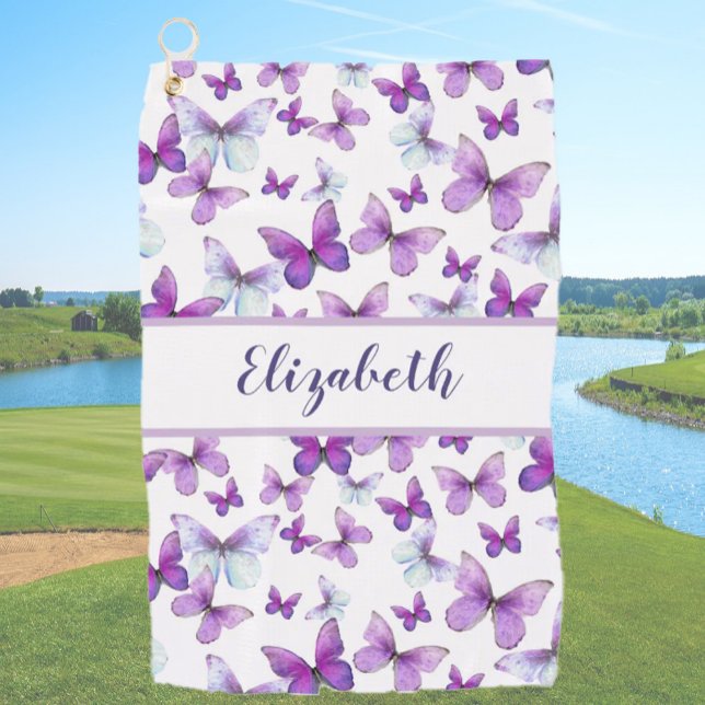 Pretty purple butterfly with custom name ladies  golf towel (Creator Uploaded)