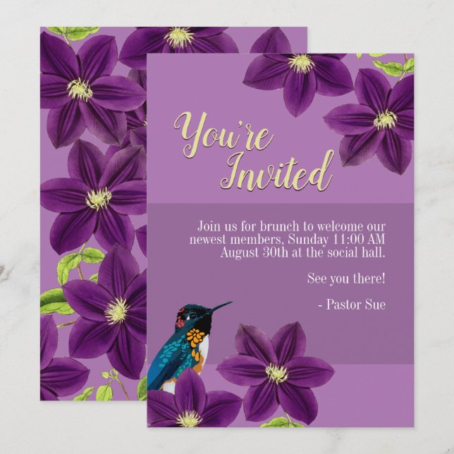 Pretty Purple Clematis Floral Summer Hummingbird Invitation (Front/Back)