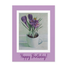 Pretty purple crocus flowers in a cup birthday art
