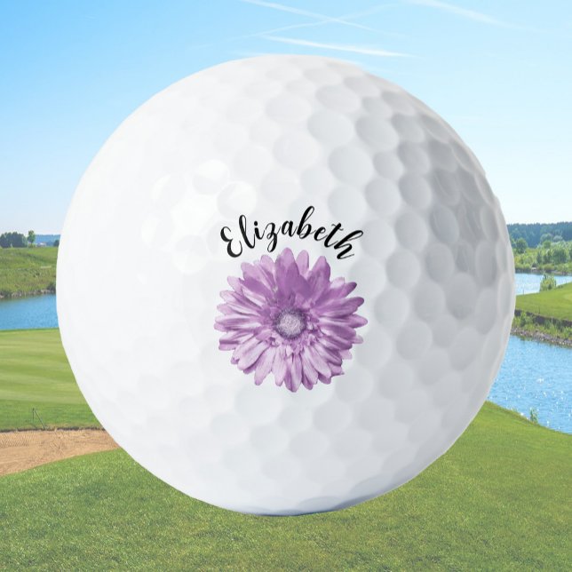 Pretty purple daisy flower custom name ladies golf balls (Creator Uploaded)