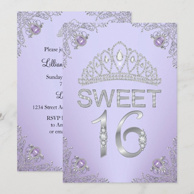 Pretty Purple Diamond Tiara Sweet 16 Invitation (Front/Back)