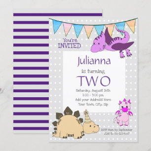 Pretty Purple Dinosaur Birthday Party Invitation