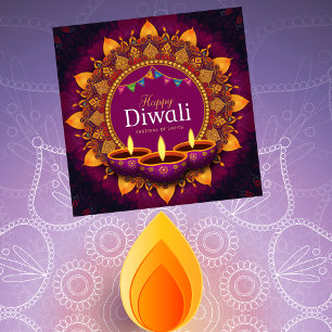 Pretty Purple Diya Colourful Mandala Happy Diwali  Holiday Card