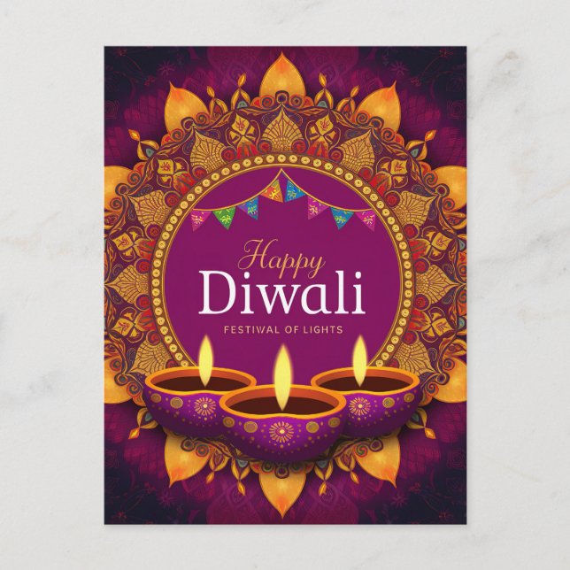 Pretty Purple Diya Colourful Mandala Happy Diwali Holiday Postcard (Front)